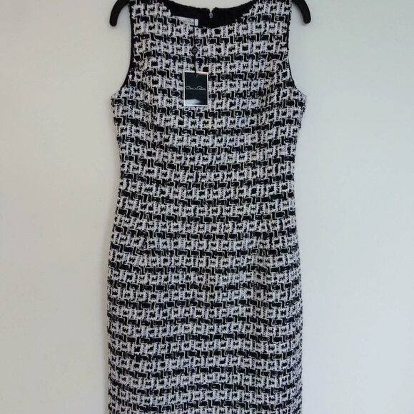 NWT OSCAR DE LA RENTA Navy Blue White Wool Cotton Tweed SLVS Pencil Dress 6, 10 - Picture 6 of 7